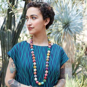 Fair Trade NWT Long Garland Necklace Hand Crafted Recycled Fabric Beads Upcycled